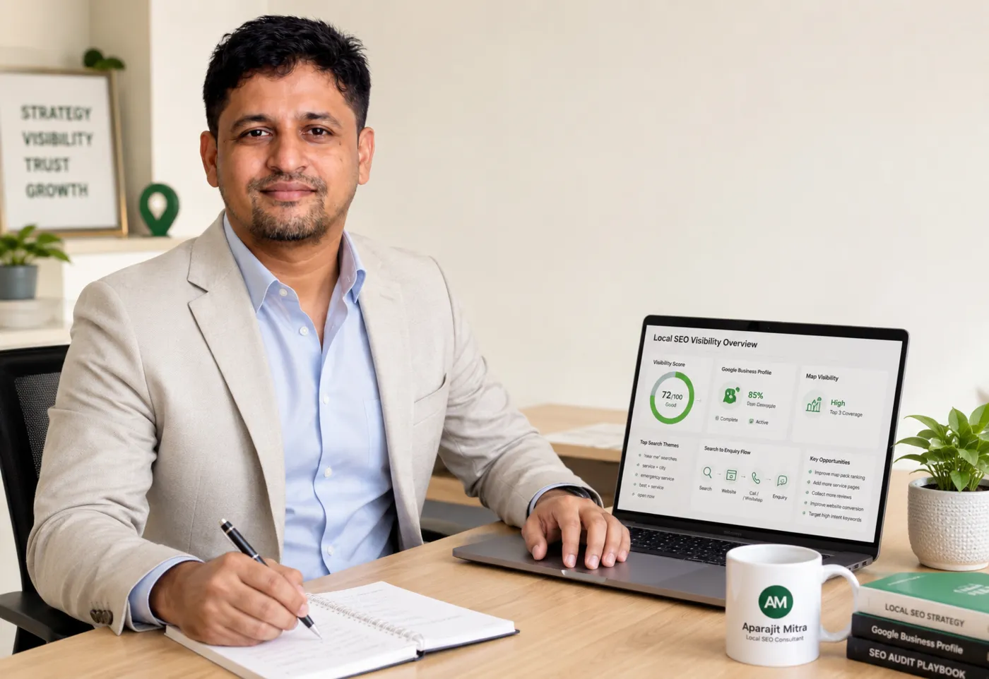 Aparajit Mitra reviewing a Local SEO visibility framework at a desk
